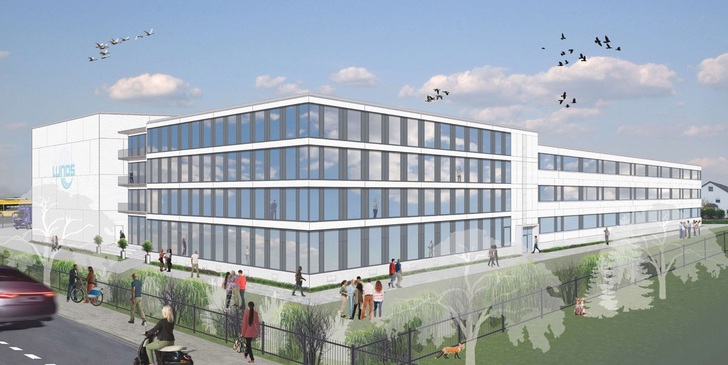 Lunos-Neubau: Ergänzend zum Hochregallager erhält der Produktionsbereich eine Glasfassade.