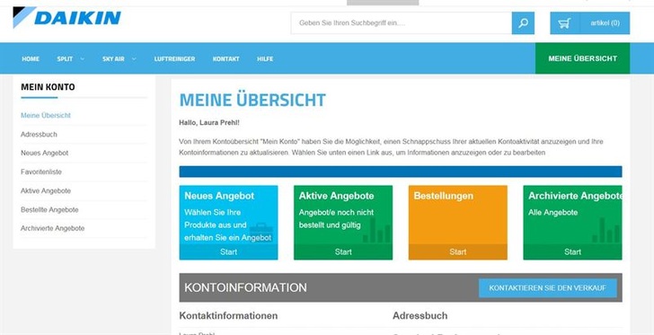 Benutzer erhalten im neuen Webshop von Daikin unter anderem einen schnellen Überblick über ihre Aktivitäten.