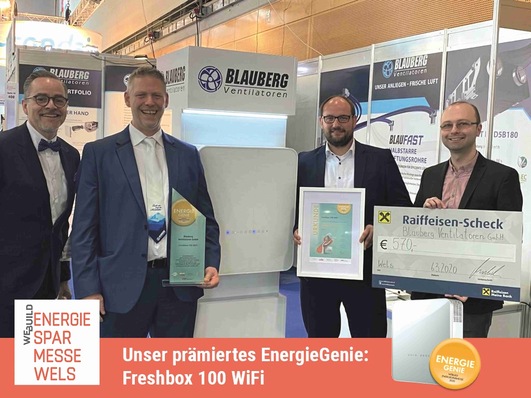 Sie waren bei der Preisübergabe dabei (v.l.n.r.): Friedrich Althuber (LSA Luft-Systeme Althuber GmbH), Martin Edler von Dall’Armi (Geschäftsleitung), Frank Wirtl (Außendienst Süd), Manuel Wacker (Vertrieb International, alle Blauberg Ventilatoren GmbH).