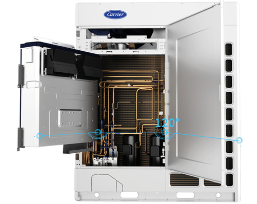 Die Frontpaneele des Top Discharge Außengerätes lassen sich 120° öffnen. Das erleichtert ­Installation und Wartung.
