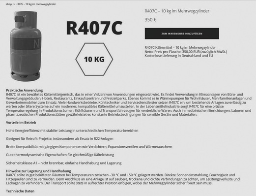 Derartige Kältemittelangebote sind im Internet in großer Anzahl zu finden. Teilweise sogar ohne einen Hinweis auf die Zertifizierungspflicht.