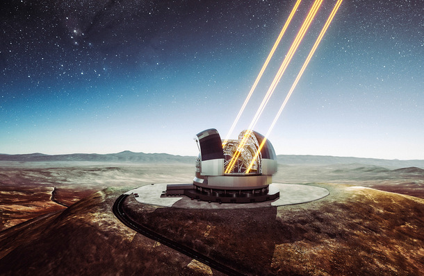 Bis zu acht sogenannter Leitstern-Lasersysteme werden dem ELT dabei helfen, mit seinem 39 Meter großen Hauptspiegel scharfe Aufnahmen des Weltalls zu machen.