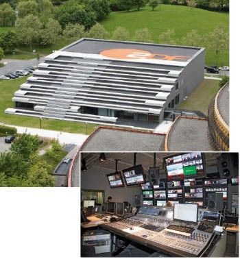 Das ZDF-Nachrichtenstudio aus der Vogel­perspektive mit der Tontechnik des Nachrichtenstudios