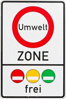 Bunte Umweltzonenschilder am Straßenrand vieler Innenstädte und farbige Umwelt­plaketten an Autoscheiben sollen anzeigen, für welche Innerortsbereiche die freie Zufahrt für welches Fahrzeug endet.