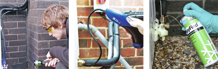 Man kann zwischen drei Methoden der Lecksuche wählen: elektronische Lecksuchgeräte, UV-Farbstoffe und Lecksuchflüssigkeiten.