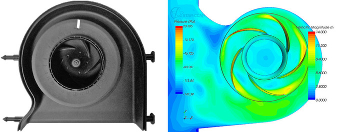 Ausgeführter Lüfter und CFD Modell. Die Drehrichtung im Modell ist gegensinnig zum ausgeführten Lüfter und der minimale Abstand zwischen Laufrad und Gehäuse wurde zugunsten der Geräuschemissionen vergrößert. Am Lüftereinlauf befinden sich Taschen zur Aufnahme von Wuchtgewichten, um einen vibrationsarmen Lauf zu erzielen.