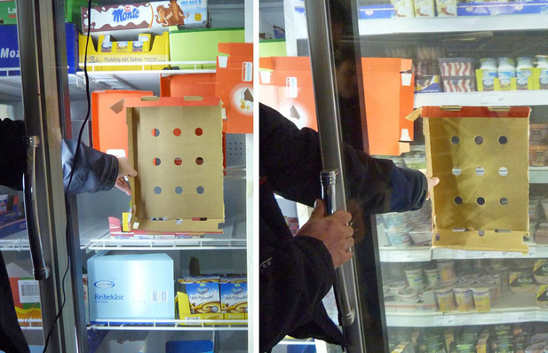 Beim Test von Lichtlösungen in einem Kühlgerät verursachen herkömmliche Leuchtmittel (rechts) unruhige Interferenzmuster, während die e³-Plasmalampe (links) für gleichmäßige Ausleuchtung sorgt.